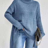 Women’s Turtleneck Sweater – Oversized Fit – Wool Knit – Asymmetrical Hem – Ribbed Sleeves