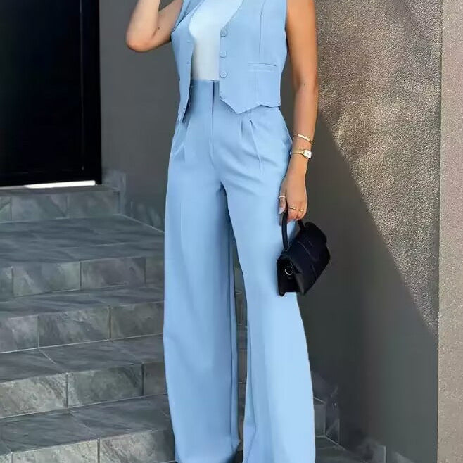 Women’s Vest and Trousers Set – Tailored Fit – High Waist – Wide Leg – Button Front