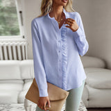 Women’s Blouse – Relaxed Fit – Textured Fabric – Long Sleeve – Button Front with Ruffle Trim