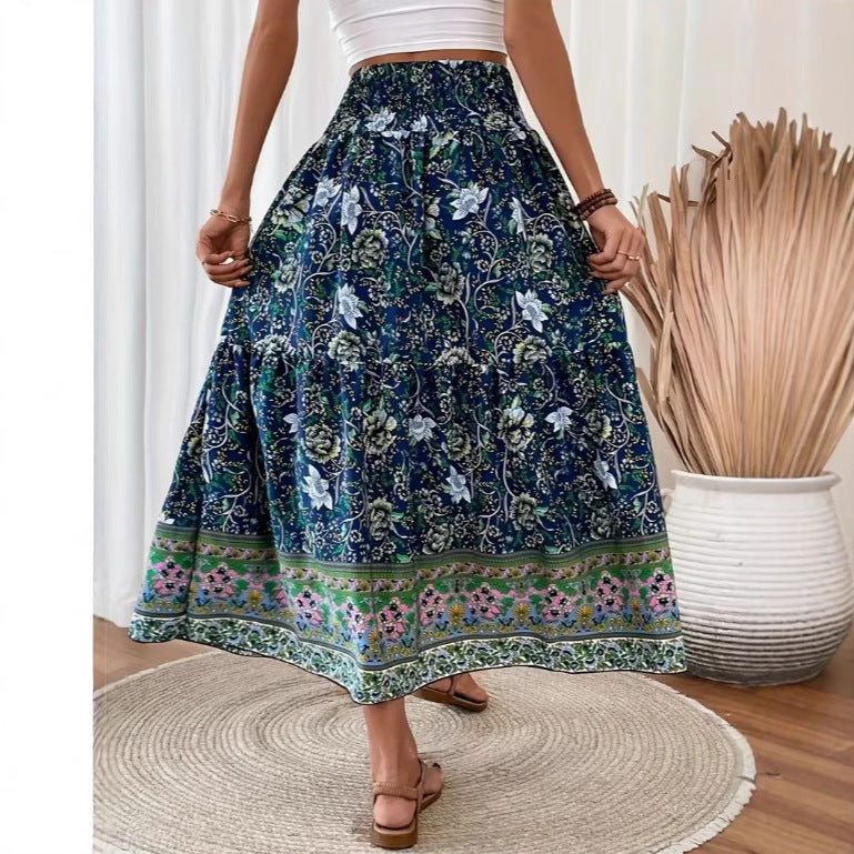 Women’s Long Skirt – Tiered Cotton Blend – Bohemian Floral – Elastic Waist – Tassel Trim