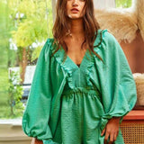 Women’s Romper – Soft Cotton Blend – V-Neck – Puff Sleeves – Ruffle Trim – Pockets