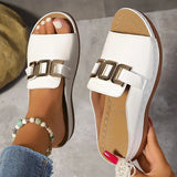 Women’s Wedge Sandals – Open Toe – Cushioned Insole – Metallic Buckle – Sleek Finish