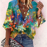 Women's Printed Boho Long Sleeve Tunic Blouse