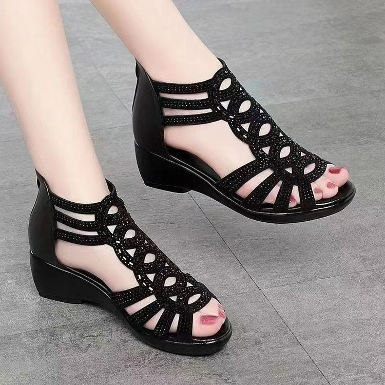 Women’s Sandals – Soft Leather – Medium Heel – Cut-Out Straps – Open Toe Stylish Fit