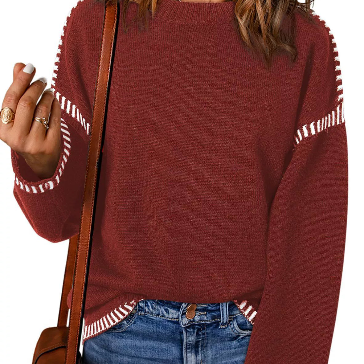 Women’s Sweater – Loose Fit Cable Knit – Round Neck – Long Sleeve with Stripe Trim