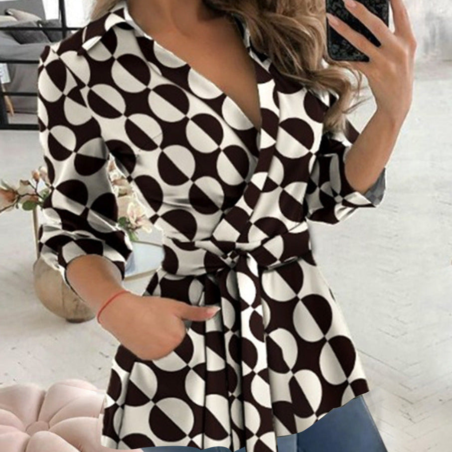 Women’s Blouse – V-Neck – Tie Waist – Long Sleeve – Fitted – Collared Smart Style
