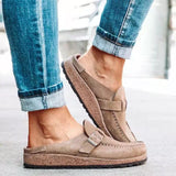 Women’s Mule Sandals – Suede-Like Upper – Buckle Strap – Low Heel Slip-On Comfort