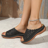 Women’s Slide Sandals – Floral Cut-Out Strap – Low Heel – Breathable Knit Design