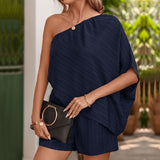 Women’s Romper – One-Shoulder – Textured Fabric – Relaxed Fit – Short Casual Style