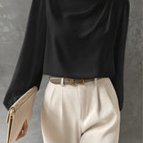 Women’s Satin Blouse – Relaxed Fit – High Neck – Long Sleeve Elegant Draped Top