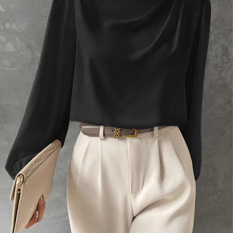 Women’s Satin Blouse – Relaxed Fit – High Neck – Long Sleeve Elegant Draped Top