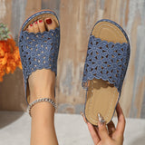 Women’s Slide Sandals – Floral Cut-Out Strap – Low Heel – Breathable Knit Design