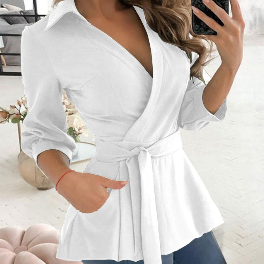 Women’s Blouse – V-Neck – Tie Waist – Long Sleeve – Fitted – Collared Smart Style