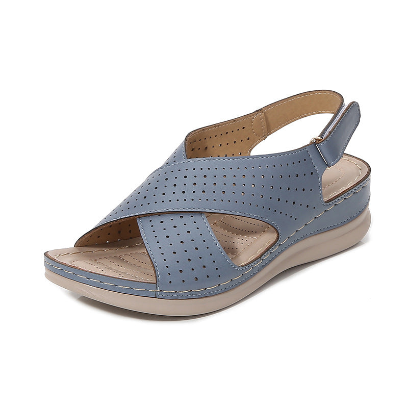 Women’s Sandals – Faux Leather – Cross Strap – Perforated Detail – Cushioned Sole