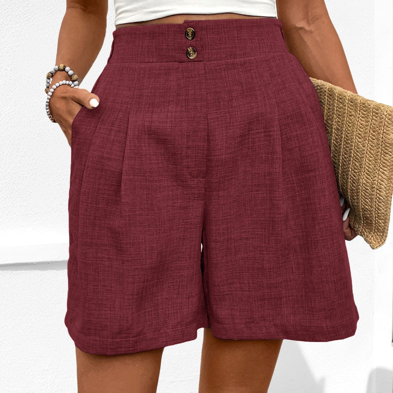 Women’s High-Waisted Shorts – Wide Leg – Pleated Front – Lightweight Woven Fabric