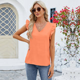 Women’s Short Sleeve Blouse – Relaxed Fit – V-Neck – Ruffled Sleeves – Breathable Blend