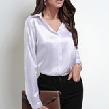Women’s Blouse – Satin – Relaxed Fit – Long Sleeve V-Neck Button-Down