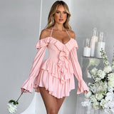 Women’s Romper – Halter Neck – Off Shoulder Long Sleeve – Deep V Ruffle Front – Flowy Shorts