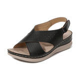 Women’s Sandals – Faux Leather – Cross Strap – Perforated Detail – Cushioned Sole