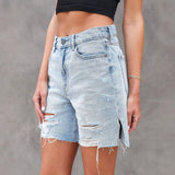 Women’s Denim Shorts – Relaxed Fit – Distressed with Frayed Hem and Side Slits – Knee Length