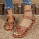 Women's Flat Sandals – Faux Leather – Cross Strap – Buckle Ankle – Open Toe