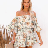 Women's Off-Shoulder Romper - Flowy Sleeves - Elastic Waist - Lightweight Casual Wear