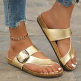 Women’s Sandals – Slip-On Flat Design – Cork Footbed – Adjustable Buckle Straps