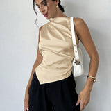Women’s Sleeveless Blouse – Luxury Fabric – Slim Fit – High Neck – Draped Front
