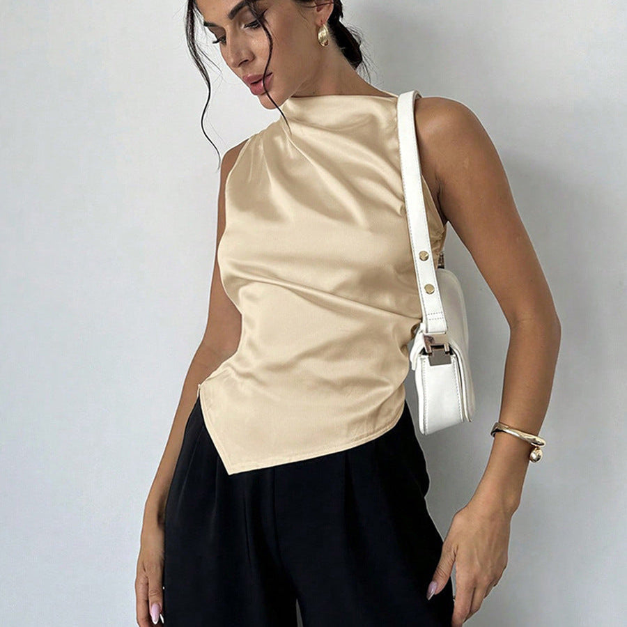 Women’s Sleeveless Blouse – Luxury Fabric – Slim Fit – High Neck – Draped Front