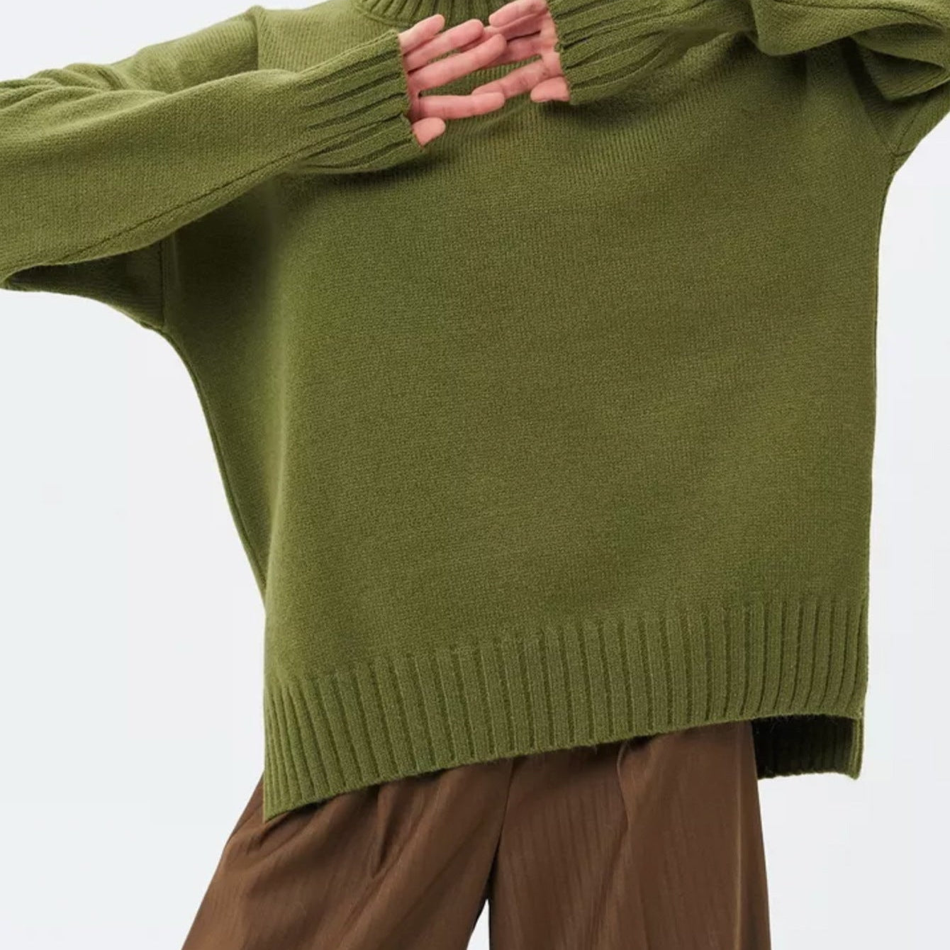 Women’s Pullover Sweater – Oversized Fit – Ribbed Knit – Semi-High Neck – Dropped Shoulder