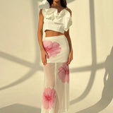 Women’s Long Skirt – Mermaid Fit – Mesh Fabric – Sheer Floral Print – Ankle Length