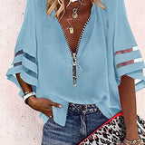 Women’s Zip-Up Blouse – Relaxed Fit – Slit Elbow Sleeves – V-Neck