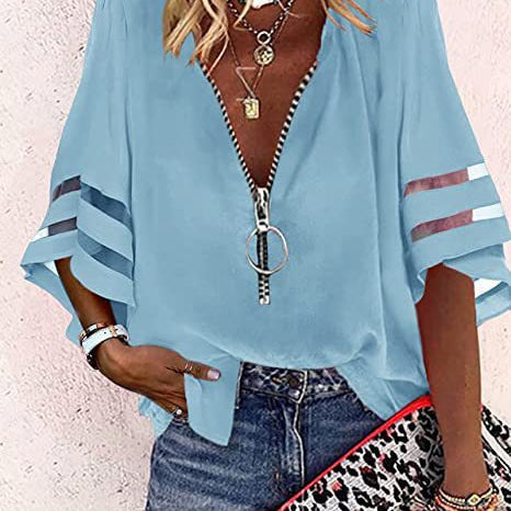 Women’s Zip-Up Blouse – Relaxed Fit – Slit Elbow Sleeves – V-Neck