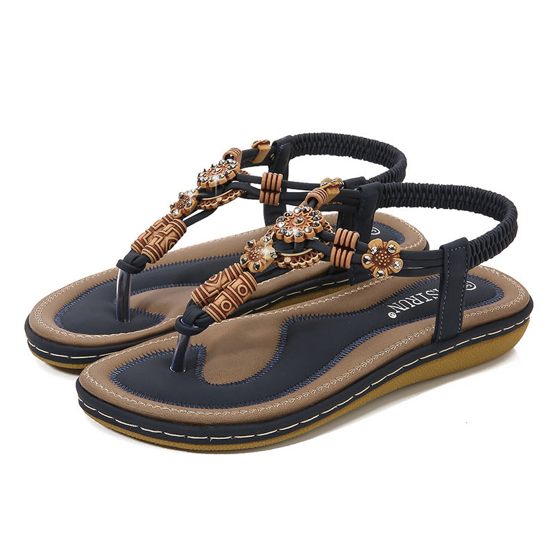 Women’s Sandals – Flat Sole – Woven Thong Strap – Wood Bead Embellished – Casual Fit
