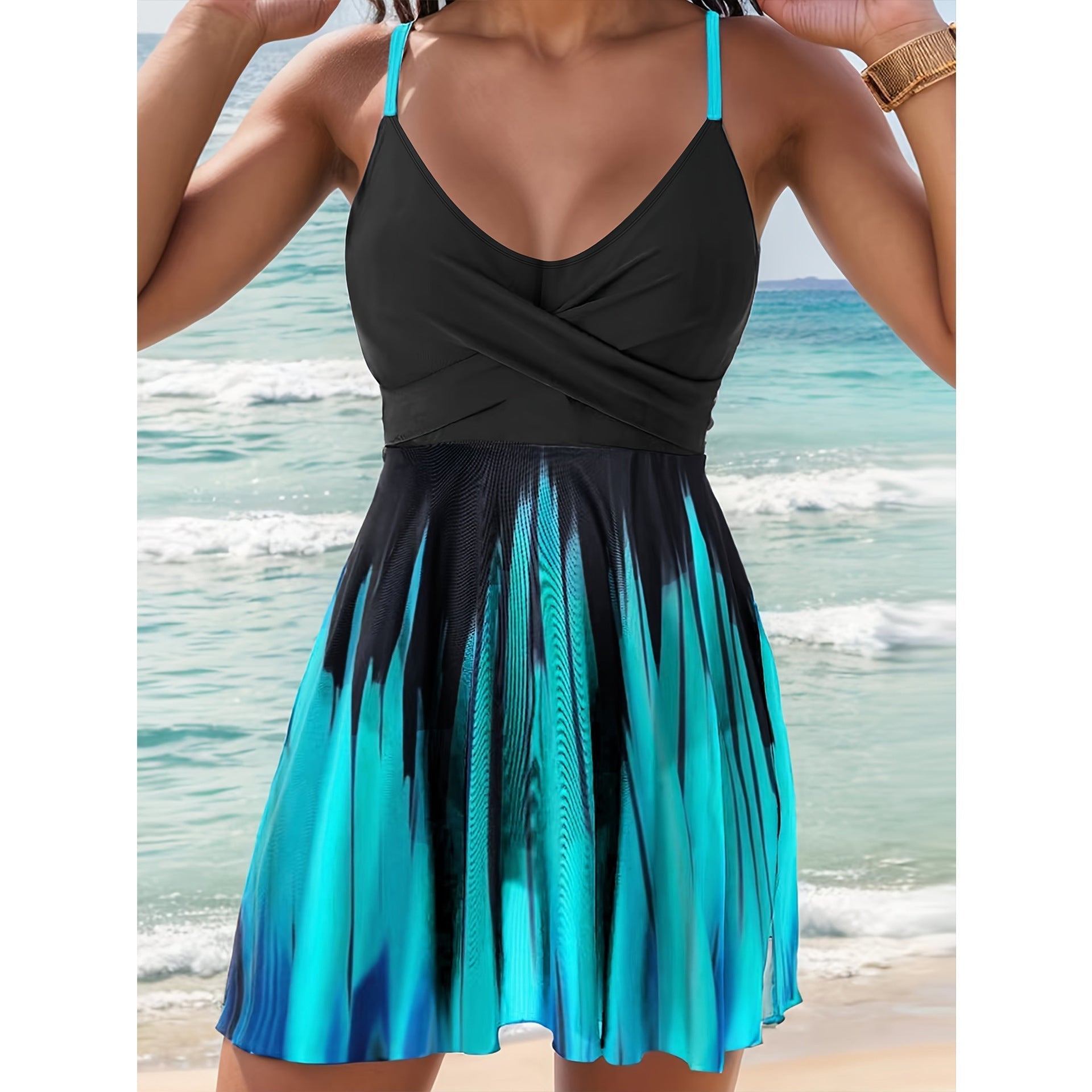 Women’s Swim Dress – Wrap Bodice – A-Line Fit – Quick-Dry Fabric – Adjustable Straps