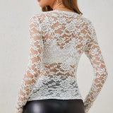 Women's Long Sleeve Lace Top - Scalloped V-Neck - Floral Sheer Pattern