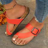 Women’s Sandals – Slip-On Flat Design – Cork Footbed – Adjustable Buckle Straps