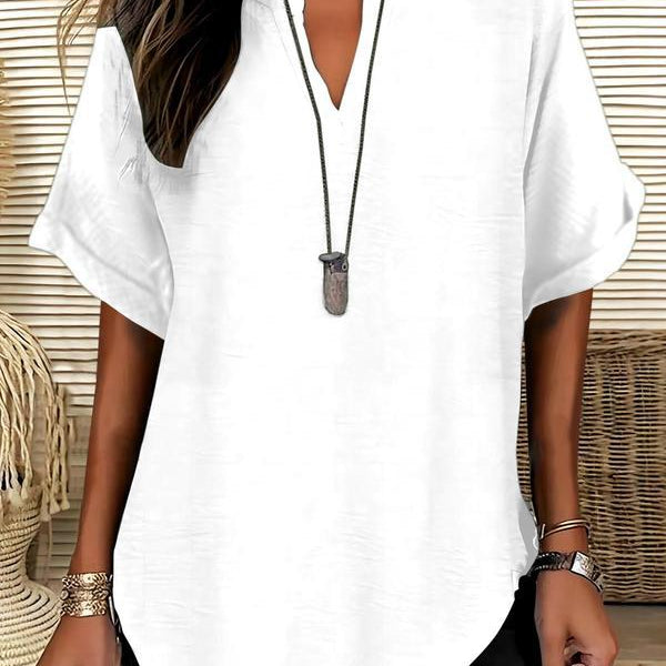 Women’s Blouse – Relaxed Fit – V-Neck – Short Sleeve – Natural Fibers – Hip Length