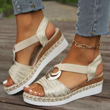 Women’s Wedge Sandals – Open Toe – Slingback Strap – Jute Sole – Metallic Buckle