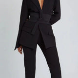 Women’s Blazer – Longline Tailored Fit – Self-Tie Waist – Notched Lapel – Flap Pockets