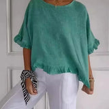 Women’s Blouse – Cotton Linen – Relaxed Fit – Short Sleeve – Ruffle Hem – Round Neck