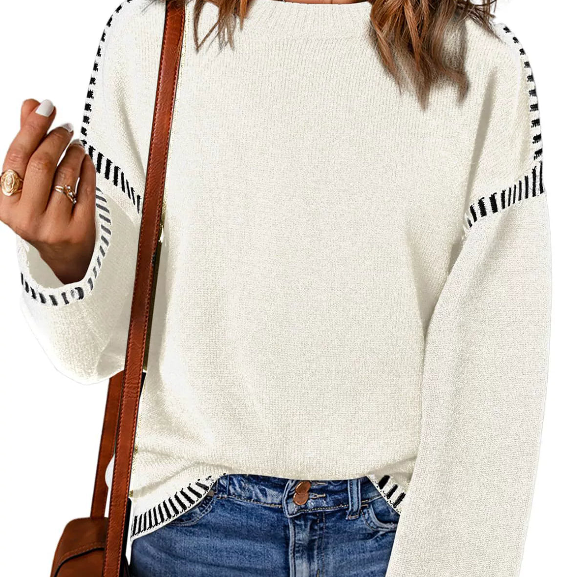 Women’s Sweater – Loose Fit Cable Knit – Round Neck – Long Sleeve with Stripe Trim