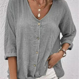 Women’s Blouse – Linen – Relaxed Fit – V-Neck – Button-Down – 3/4 Sleeve