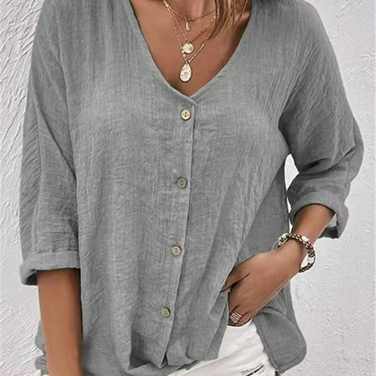 Women’s Blouse – Linen – Relaxed Fit – V-Neck – Button-Down – 3/4 Sleeve