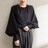 Women’s Blouse – Loose Fit – Lantern Sleeve – Round Neck – Button Front – Elegant Style