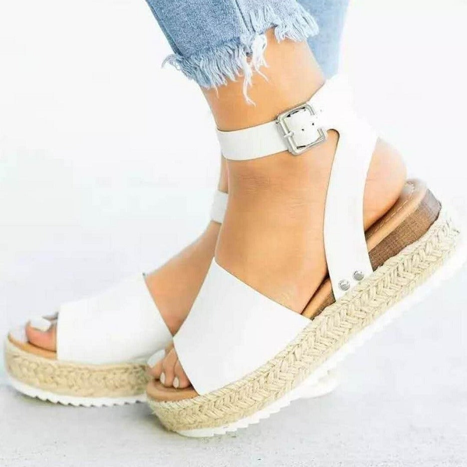 Women’s Wedge Sandals – Platform Sole – Jute Wrapped Heel – Ankle Strap – Cushioned Footbed