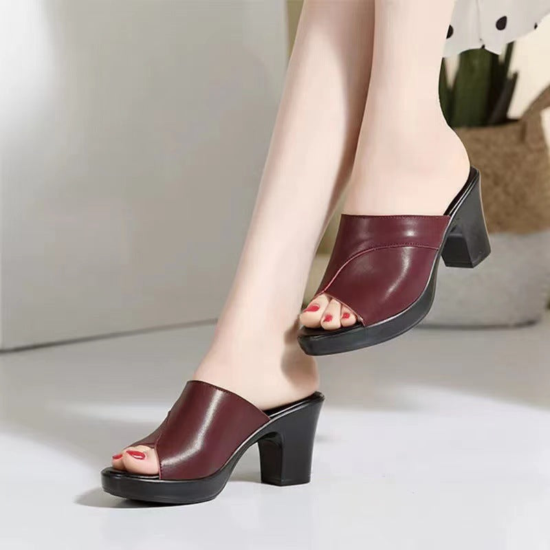 Women’s Heeled Mules – Soft Leather – Block Heel – Peep Toe – Slip-On Minimalist Design