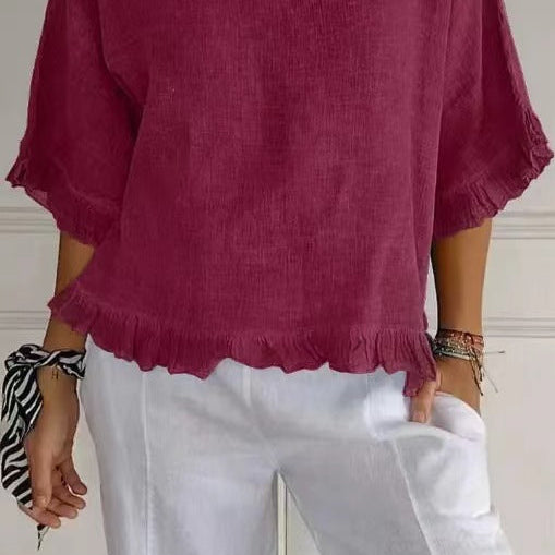 Women’s Blouse – Cotton Linen – Relaxed Fit – Short Sleeve – Ruffle Hem – Round Neck