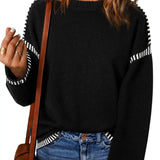 Women’s Sweater – Loose Fit Cable Knit – Round Neck – Long Sleeve with Stripe Trim