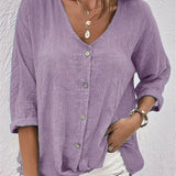 Women’s Blouse – Linen – Relaxed Fit – V-Neck – Button-Down – 3/4 Sleeve